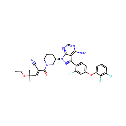 CCOC(C)(C)/C=C(\C#N)C(=O)N1CCC[C@@H](n2nc(-c3ccc(Oc4cccc(F)c4F)cc3F)c3c(N)ncnc32)C1 ZINC000149840283