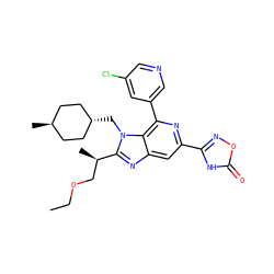 CCOC[C@@H](C)c1nc2cc(-c3noc(=O)[nH]3)nc(-c3cncc(Cl)c3)c2n1C[C@H]1CC[C@H](C)CC1 ZINC000261150509