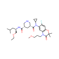 CCOC[C@@H](CC(C)C)NC(=O)[C@@H]1CNC[C@H](C(=O)N(c2cc3c(cc2F)OC(C)(C)C(=O)N3CCCOC)C2CC2)C1 ZINC000299827539