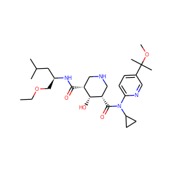 CCOC[C@@H](CC(C)C)NC(=O)[C@@H]1CNC[C@H](C(=O)N(c2ccc(C(C)(C)OC)cn2)C2CC2)[C@@H]1O ZINC000144065457