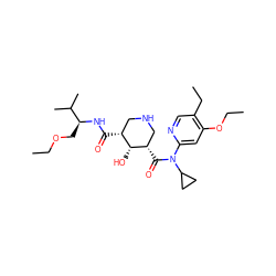 CCOC[C@H](NC(=O)[C@@H]1CNC[C@H](C(=O)N(c2cc(OCC)c(CC)cn2)C2CC2)[C@@H]1O)C(C)C ZINC000143794689