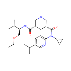 CCOC[C@H](NC(=O)[C@@H]1CNC[C@H](C(=O)N(c2ccc(C(C)C)cn2)C2CC2)C1)C(C)C ZINC000144064809