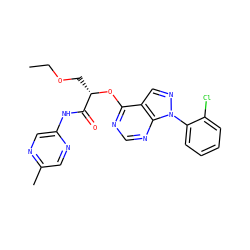 CCOC[C@H](Oc1ncnc2c1cnn2-c1ccccc1Cl)C(=O)Nc1cnc(C)cn1 ZINC000114685150
