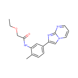CCOCC(=O)Nc1cc(-c2cn3cccnc3n2)ccc1C ZINC000004004934