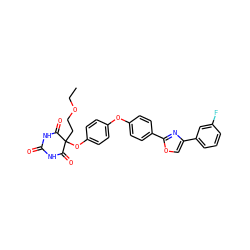 CCOCCC1(Oc2ccc(Oc3ccc(-c4nc(-c5cccc(F)c5)co4)cc3)cc2)C(=O)NC(=O)NC1=O ZINC000034802393