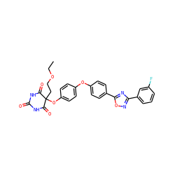 CCOCCC1(Oc2ccc(Oc3ccc(-c4nc(-c5cccc(F)c5)no4)cc3)cc2)C(=O)NC(=O)NC1=O ZINC000034802374