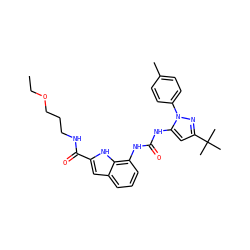 CCOCCCNC(=O)c1cc2cccc(NC(=O)Nc3cc(C(C)(C)C)nn3-c3ccc(C)cc3)c2[nH]1 ZINC000095562962
