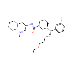 CCOCCCO[C@@H](c1cccc(F)c1)[C@@H]1CCCN(C(=O)N[C@H](CNC)CC2CCCCC2)C1 ZINC000040954001