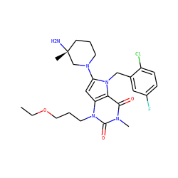CCOCCCn1c(=O)n(C)c(=O)c2c1cc(N1CCC[C@@](C)(N)C1)n2Cc1cc(F)ccc1Cl ZINC000064559403