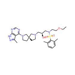 CCOCCN(C[C@@H](O)CN1CC[C@]2(CCN(c3ncnc4[nH]nc(C)c34)C2)C1)S(=O)(=O)c1c(C)cccc1C ZINC000071316291
