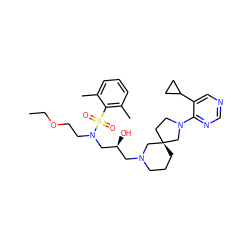 CCOCCN(C[C@@H](O)CN1CCC[C@]2(CCN(c3ncncc3C3CC3)C2)C1)S(=O)(=O)c1c(C)cccc1C ZINC000071296456