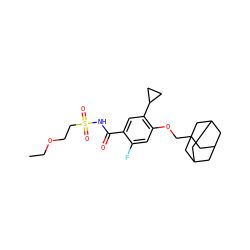 CCOCCS(=O)(=O)NC(=O)c1cc(C2CC2)c(OCC23CC4CC(CC(C4)C2)C3)cc1F ZINC000225245826