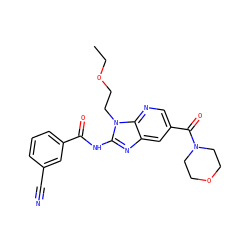 CCOCCn1c(NC(=O)c2cccc(C#N)c2)nc2cc(C(=O)N3CCOCC3)cnc21 ZINC000064512482