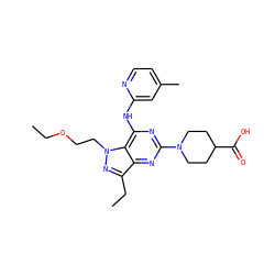 CCOCCn1nc(CC)c2nc(N3CCC(C(=O)O)CC3)nc(Nc3cc(C)ccn3)c21 ZINC000034985637
