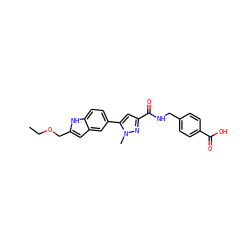 CCOCc1cc2cc(-c3cc(C(=O)NCc4ccc(C(=O)O)cc4)nn3C)ccc2[nH]1 ZINC000073163237
