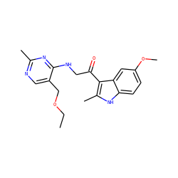 CCOCc1cnc(C)nc1NCC(=O)c1c(C)[nH]c2ccc(OC)cc12 ZINC000004141761