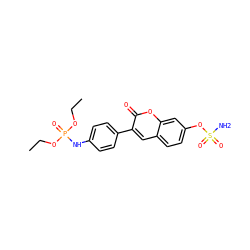 CCOP(=O)(Nc1ccc(-c2cc3ccc(OS(N)(=O)=O)cc3oc2=O)cc1)OCC ZINC000653876616