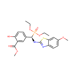 CCOP(=O)(OCC)[C@@H](Nc1nc2ccc(OC)cc2s1)c1ccc(O)c(C(=O)OC)c1 ZINC000207104889