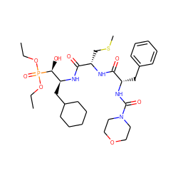 CCOP(=O)(OCC)[C@@H](O)[C@H](CC1CCCCC1)NC(=O)[C@H](CSC)NC(=O)[C@H](Cc1ccccc1)NC(=O)N1CCOCC1 ZINC000026152397