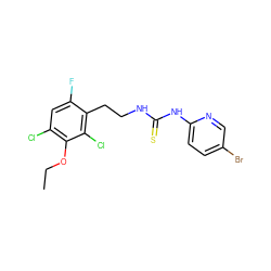 CCOc1c(Cl)cc(F)c(CCNC(=S)Nc2ccc(Br)cn2)c1Cl ZINC000013759881