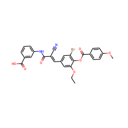 CCOc1cc(/C=C(\C#N)C(=O)Nc2cccc(C(=O)O)c2)cc(Br)c1OC(=O)c1ccc(OC)cc1 ZINC000001438755