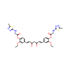 CCOc1cc(/C=C/C(=O)CC(=O)/C=C/c2ccc(OC(=O)CNc3nnc(C)s3)c(OCC)c2)ccc1OC(=O)CNc1nnc(C)s1 ZINC000150609114