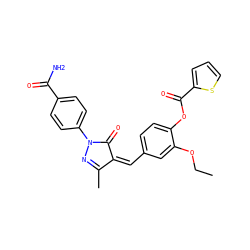 CCOc1cc(/C=C2\C(=O)N(c3ccc(C(N)=O)cc3)N=C2C)ccc1OC(=O)c1cccs1 ZINC000013483251
