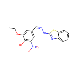 CCOc1cc(/C=N\Nc2nc3ccccc3s2)cc([N+](=O)[O-])c1O ZINC000033246720