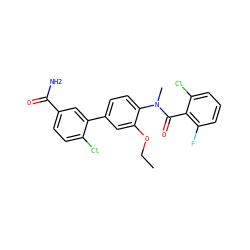 CCOc1cc(-c2cc(C(N)=O)ccc2Cl)ccc1N(C)C(=O)c1c(F)cccc1Cl ZINC000221911980