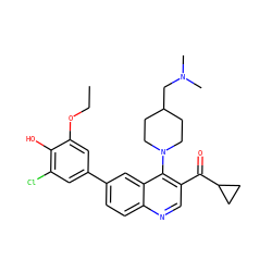 CCOc1cc(-c2ccc3ncc(C(=O)C4CC4)c(N4CCC(CN(C)C)CC4)c3c2)cc(Cl)c1O ZINC000114039046