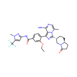 CCOc1cc(C(=O)Nc2cc(C(F)(F)F)n(C)n2)ccc1-c1nc([C@@H]2CC[C@H]3CCC(=O)N3C2)n2c(C)cnc(N)c12 ZINC000145664666