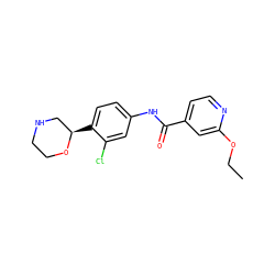 CCOc1cc(C(=O)Nc2ccc([C@@H]3CNCCO3)c(Cl)c2)ccn1 ZINC000149883335