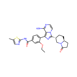 CCOc1cc(C(=O)Nc2ncc(C)s2)ccc1-c1nc([C@@H]2CC[C@H]3CCC(=O)N3C2)n2ccnc(N)c12 ZINC000145581133