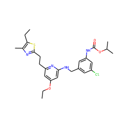CCOc1cc(CCc2nc(C)c(CC)s2)nc(NCc2cc(Cl)cc(NC(=O)OC(C)C)c2)c1 ZINC000029468218