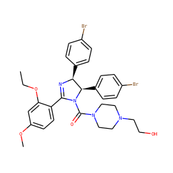 CCOc1cc(OC)ccc1C1=N[C@@H](c2ccc(Br)cc2)[C@@H](c2ccc(Br)cc2)N1C(=O)N1CCN(CCO)CC1 ZINC000028467964