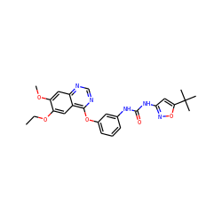 CCOc1cc2c(Oc3cccc(NC(=O)Nc4cc(C(C)(C)C)on4)c3)ncnc2cc1OC ZINC000072180814