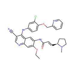 CCOc1cc2ncc(C#N)c(Nc3ccc(OCc4ccccn4)c(Cl)c3)c2cc1NC(=O)/C=C/[C@H]1CCCN1C ZINC000068250550