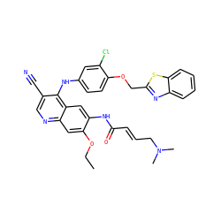 CCOc1cc2ncc(C#N)c(Nc3ccc(OCc4nc5ccccc5s4)c(Cl)c3)c2cc1NC(=O)/C=C/CN(C)C ZINC000028113786