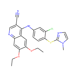 CCOc1cc2ncc(C#N)c(Nc3ccc(Sc4nccn4C)c(Cl)c3)c2cc1OCC ZINC000013538441
