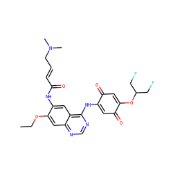 CCOc1cc2ncnc(NC3=CC(=O)C(OC(CF)CF)=CC3=O)c2cc1NC(=O)/C=C/CN(C)C ZINC000101110349