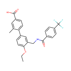 CCOc1ccc(-c2ccc(C(=O)O)cc2C)cc1CNC(=O)c1ccc(C(F)(F)F)cc1 ZINC000096914306