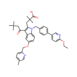 CCOc1ccc(-c2ccc(Cn3c(CC(C)(C)C(=O)O)c(C(=O)CC(C)(C)C)c4cc(OCc5ccc(C)cn5)ccc43)cc2)cn1 ZINC000082139751