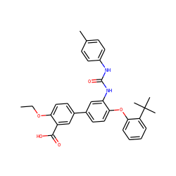 CCOc1ccc(-c2ccc(Oc3ccccc3C(C)(C)C)c(NC(=O)Nc3ccc(C)cc3)c2)cc1C(=O)O ZINC000220988663