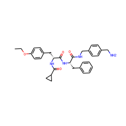 CCOc1ccc(C[C@@H](NC(=O)C2CC2)C(=O)N[C@@H](Cc2ccccc2)C(=O)NCc2ccc(CN)cc2)cc1 ZINC001772619140