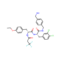 CCOc1ccc(C[C@@H](NC(=O)CC(F)(F)F)C(=O)N[C@@H](Cc2ccc(Cl)c(Cl)c2)C(=O)NCc2ccc(CN)cc2)cc1 ZINC000206144820
