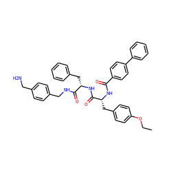 CCOc1ccc(C[C@@H](NC(=O)c2ccc(-c3ccccc3)cc2)C(=O)N[C@@H](Cc2ccccc2)C(=O)NCc2ccc(CN)cc2)cc1 ZINC001772647720