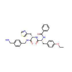 CCOc1ccc(C[C@@H](NC(=O)c2ccccc2)C(=O)N[C@@H](Cc2cscn2)C(=O)NCc2ccc(CN)cc2)cc1 ZINC000206145916