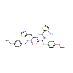 CCOc1ccc(C[C@@H](NC(=O)c2sccc2N)C(=O)N[C@@H](Cc2cscn2)C(=O)NCc2ccc(CN)cc2)cc1 ZINC000217083737