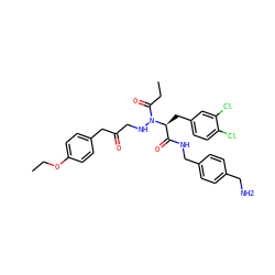CCOc1ccc(CC(=O)CNN(C(=O)CC)[C@@H](Cc2ccc(Cl)c(Cl)c2)C(=O)NCc2ccc(CN)cc2)cc1 ZINC000206301220
