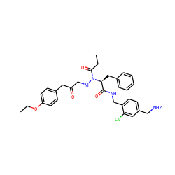 CCOc1ccc(CC(=O)CNN(C(=O)CC)[C@@H](Cc2ccccc2)C(=O)NCc2ccc(CN)cc2Cl)cc1 ZINC000206312425
